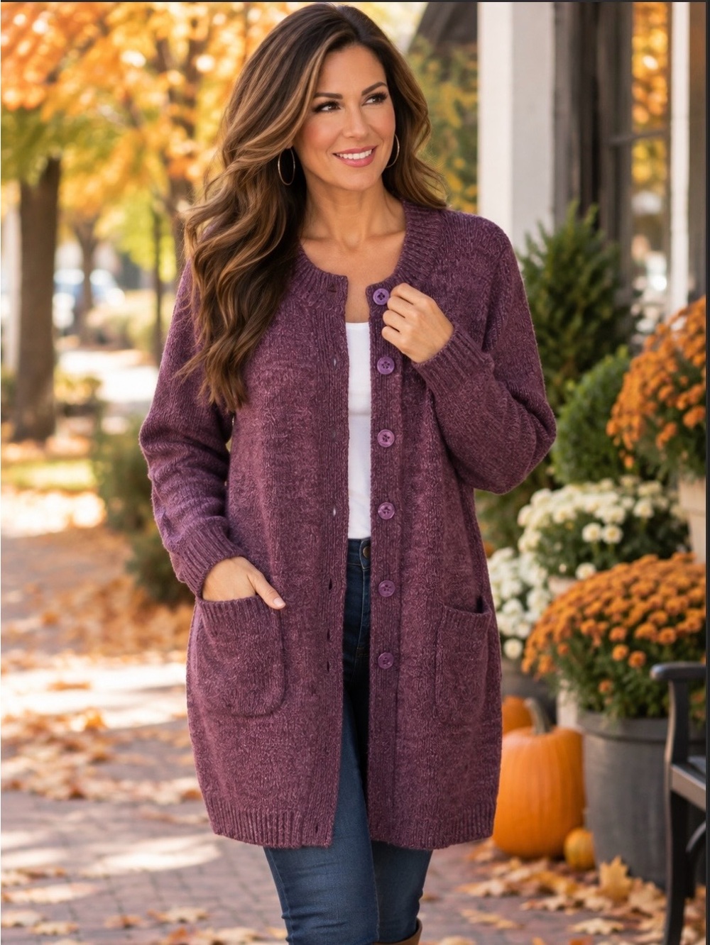 Woman Within Plum Button-Front Longline Cardigan